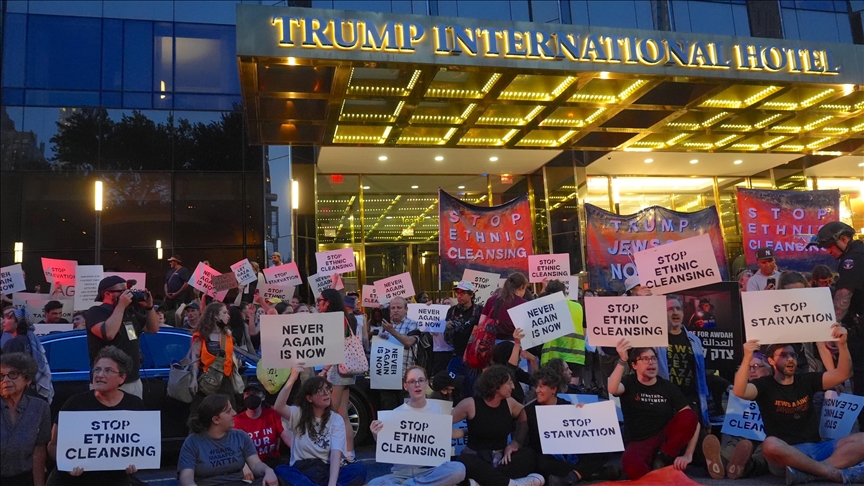 Protesters rally outside Trump’s New York hotel against starvation in Gaza