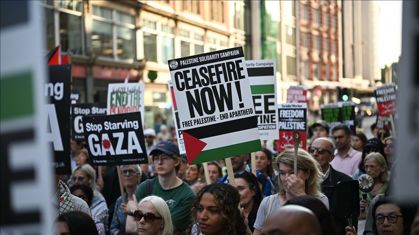 Pro-Palestine supporters protest outside Israeli Embassy in London to draw attention to Gaza famine