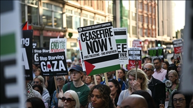 Pro-Palestine supporters protest outside Israeli Embassy in London to draw attention to Gaza famine