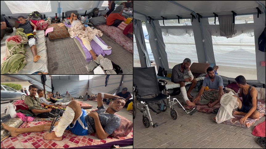 Sağlık sisteminin çöktüğü Gazze'de yaralılar Nasır Hastanesi'nin avlusuna kurulan çadırda tedavi ediliyor