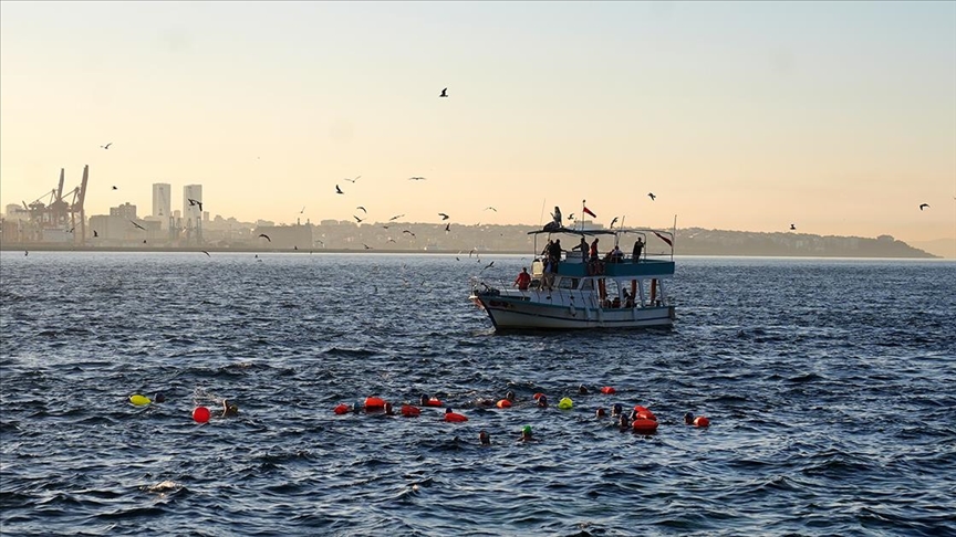 İstanbul'da yüzücüler Gazze'ye destek için Sarayburnu'ndan Demokrasi ve Özgürlükler Adası'na kulaç attı