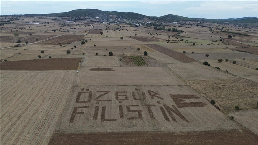 Çanakkaleli çiftçi Filistin'e destek için tarlasına traktörle "Özgür Filistin" yazdı