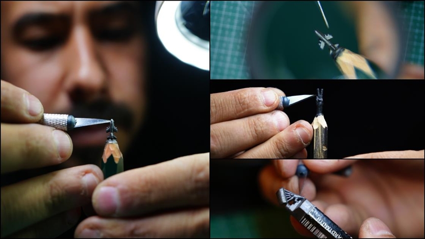 Iraklı genç, kurşun kalemin ucunu işleyerek minimal heykeller yapıyor