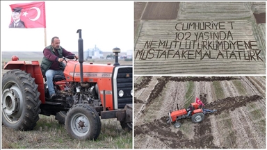 Kırklarelili çiftçi tarlasına pullukla "Cumhuriyet 102 yaşında" yazdı