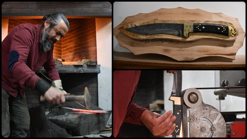 Bilecikli bıçak ustası kendi geliştirdiği Söğüt kamasına ateşte şekil veriyor