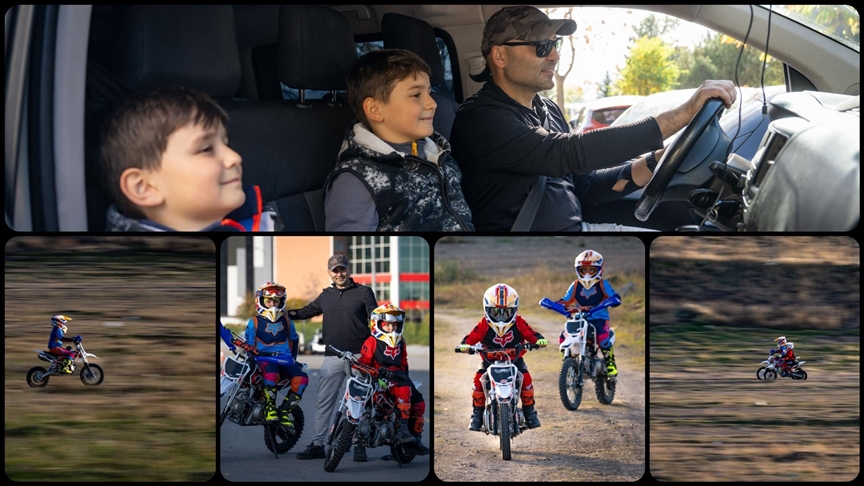 Motosiklet tutkusunu çocuklarına aşılayan baba, pazar yerine kurduğu pistte eğitim veriyor