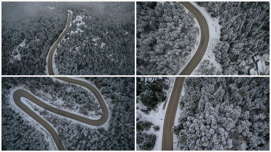 Uludağ'ın beyaza bürünen kıvrımlı yolları havadan görüntülendi
