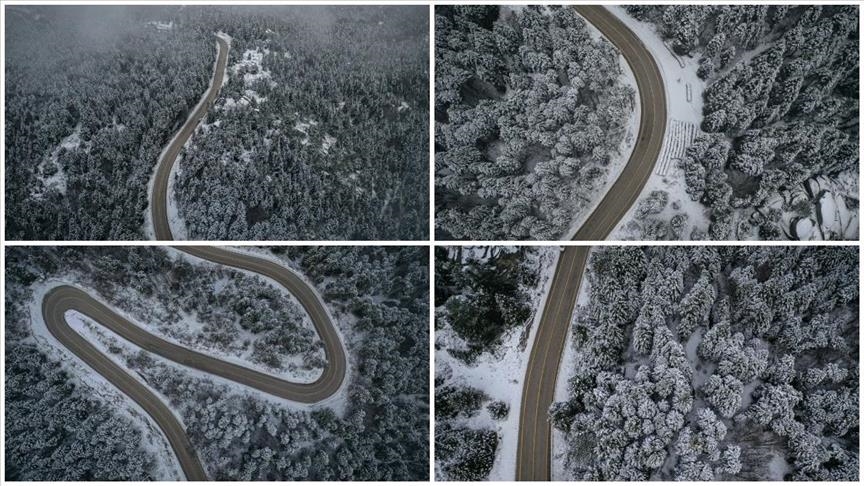 Dîmenên rêyên pêçayî yên Uludagê yên bi berfê venixumandî ji asîmanan va hat kişandin