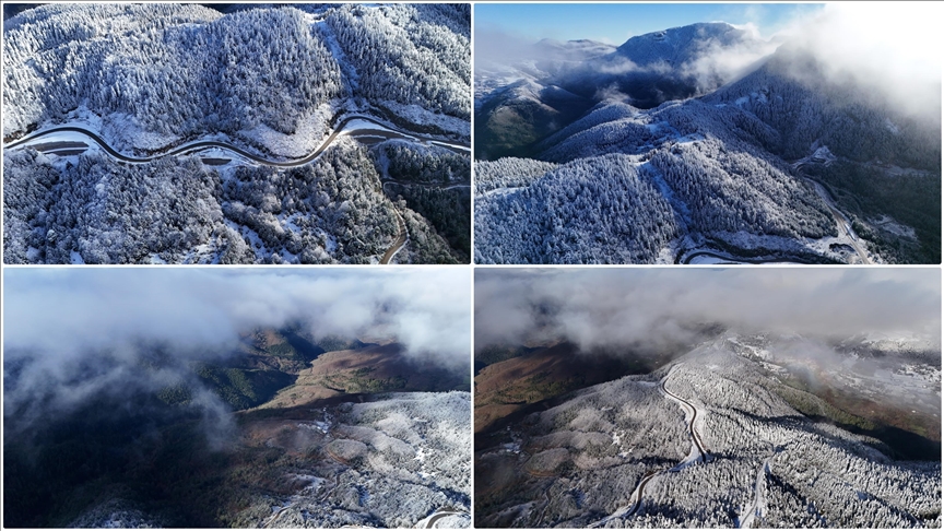 Yaralıgöz Dağı'ndaki kar ve sis dron ile görüntülendi