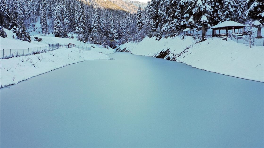 Mevsimin ilk karıyla gelinliğini giyen Deresökü Orman Parkı'nda görsel şölen oluştu 