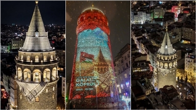 İstanbul'da Galata Kulesi'ne Filistin kefiyesi asıldı