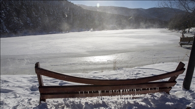 Gölcük Tabiat Parkı'ndaki gölün yüzeyi buzla kaplandı