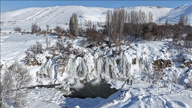 Muradiye Şelalesi soğuk havanın etkisiyle kısmen dondu
