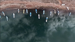 Suları çekilen Manisa'daki Demirköprü Barajı yosunla kaplandı