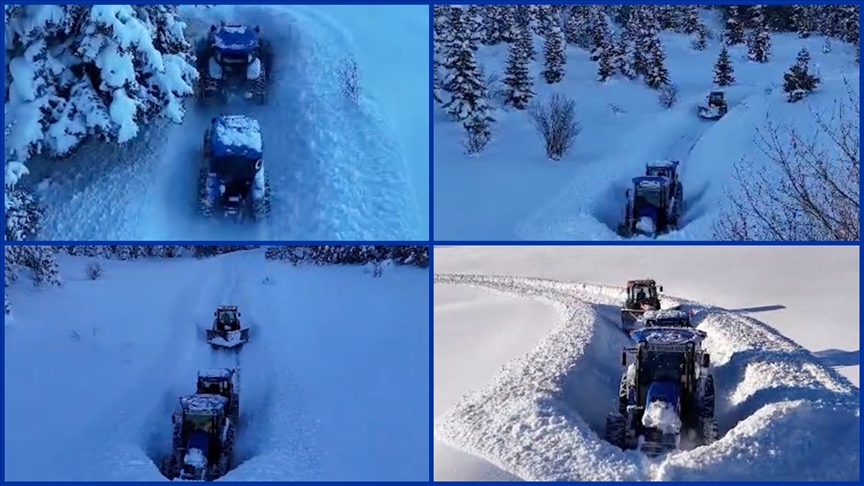 Kastamonu'da muhtar köy yolunu yaptığı kar küreme aparatıyla açıyor