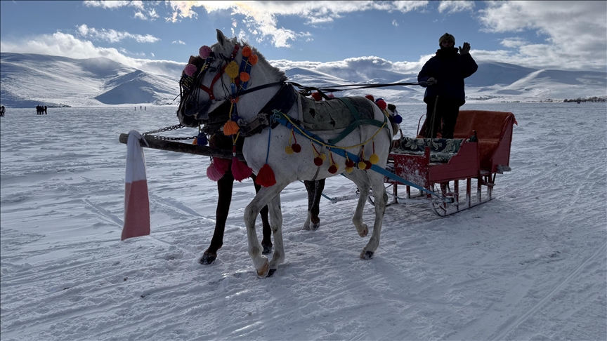 Yüzeyinin tamamı donan Çıldır Gölü'nde hafta sonu yoğunluğu yaşanıyor