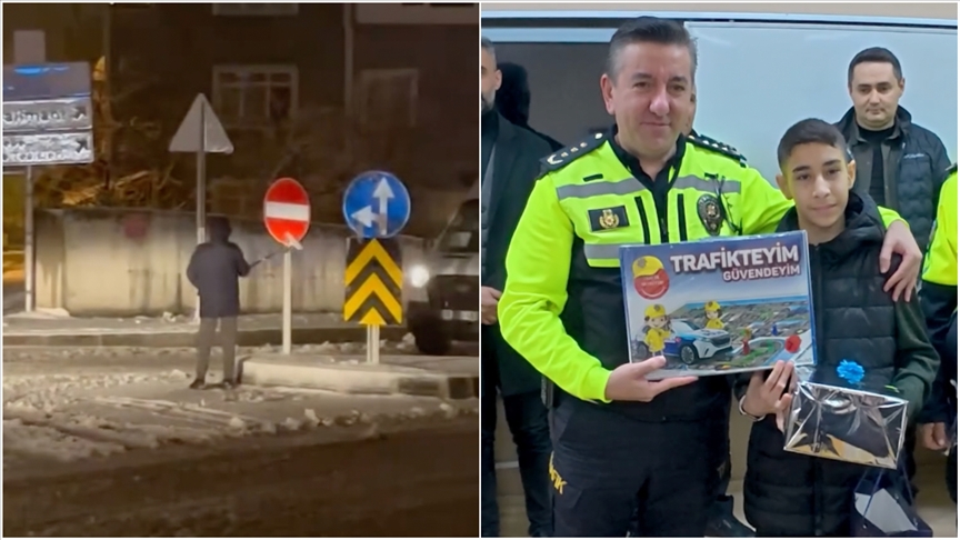 Samsun'da kar yağışında yön tabelalarını temizleyen öğrenci ödüllendirildi