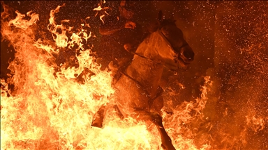 İspanya'da kutsanan atlar ateşin üzerinden atlatıldı