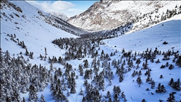 Kar yağışıyla beyaza bürünen Aladağlar Milli Parkı dronla görüntülendi