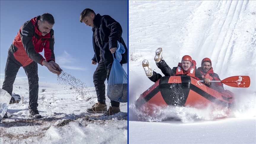 Erzurum'da karlı dağları aşan maceraseverler, doğaya yem bırakıp "kar raftingi" yaptı