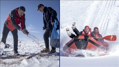 Erzurum'da karlı dağları aşan maceraseverler, doğaya yem bırakıp "kar raftingi" yaptı
