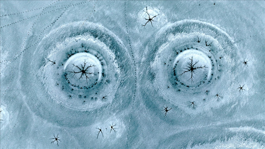 Gümüşören Barajı'nda soğuğun etkisiyle oluşan ve göz bebeklerine benzeyen buz oluşumları görüntülendi