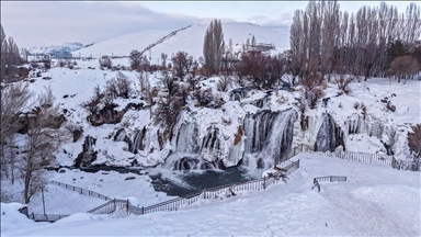 Kısmen donan Muradiye Şelalesi'nde kış güzelliği