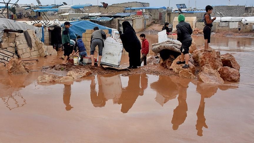 Floodwaters submerge dozens of displacement tents in Syria’s Idlib countryside