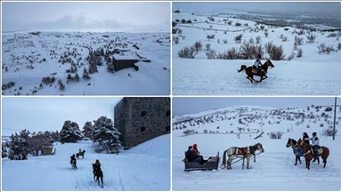 Li Tabyeyên Ezîziyeyê ku bi berfê xemiliye bi siwariya hespan demên xweş derbas dikin