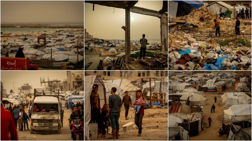 Gazze'de etkili olan kum fırtınası güç koşullarda yaşayan Filistinlilere zor anlar yaşatıyor