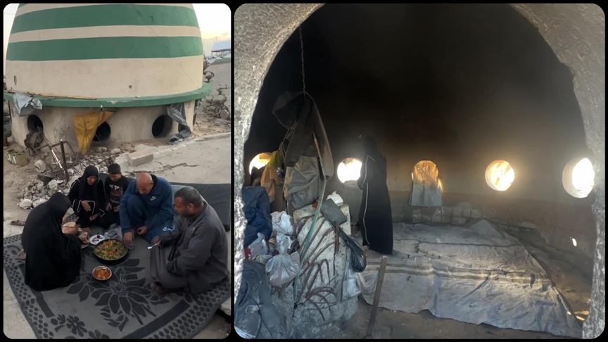 Ramazan ayının buruk geçtiği Gazze'de Filistinli aile yıkılan caminin kubbesinde iftar yapıyor