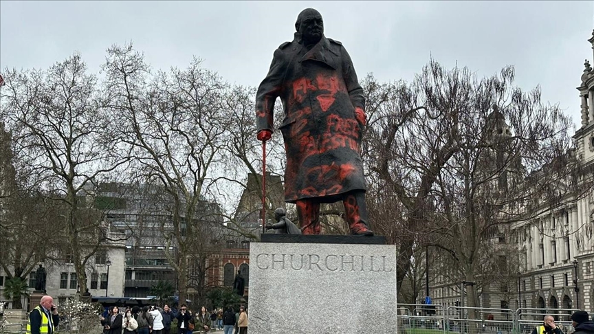 Landmark Winston Churchill statue in London defaced with 'Zionist war criminal' red graffiti