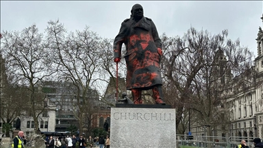 Landmark Winston Churchill statue in London defaced with 'Zionist war criminal' red graffiti