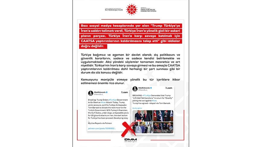 ریاست ارتباطات ترکیه: ادعای «دستور ترامپ به ترکیه برای حمله به ایران»، بی‌اساس است