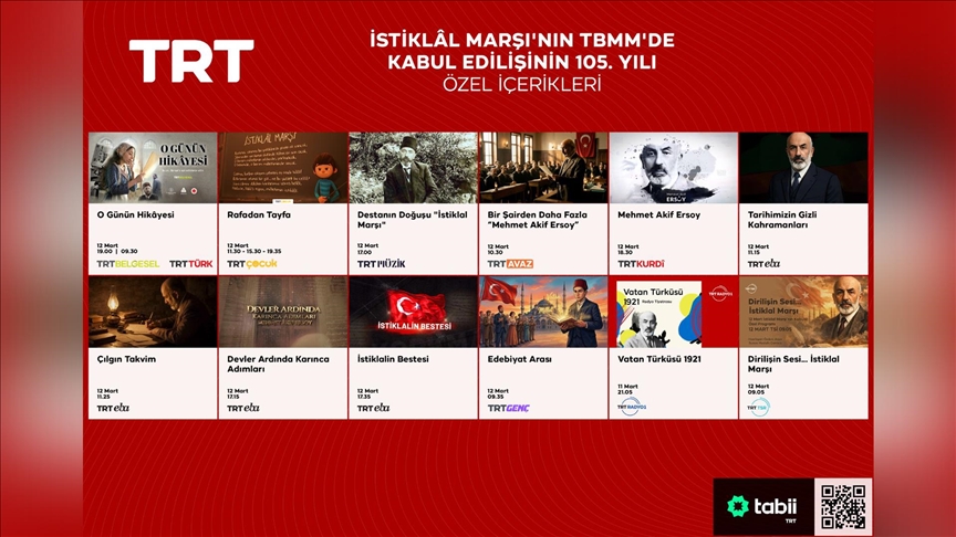 TRT İstiklal Marşı'nın kabulünün 105. yıl dönümüne özel birçok yayın hazırladı