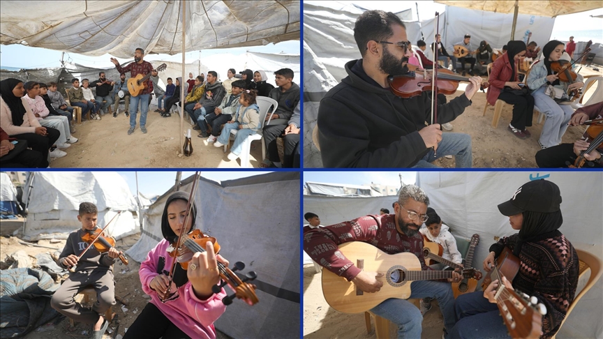Gazzeli öğretmen, saldırı ve yıkımın gölgesinde yerinden edilen çocukların yaralarını müzikle sarıyor