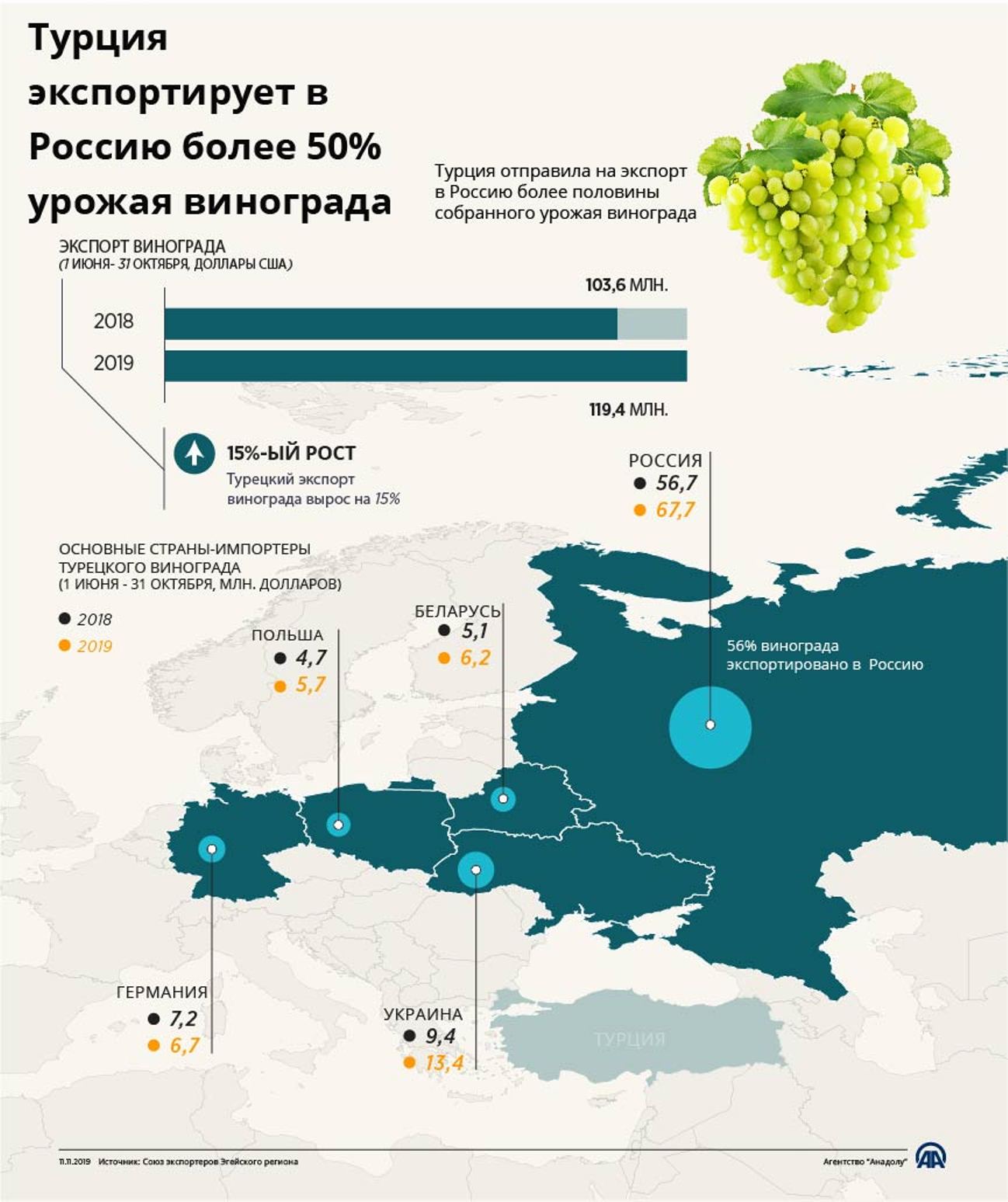 Турция экспортирует в Россию более 50% урожая винограда