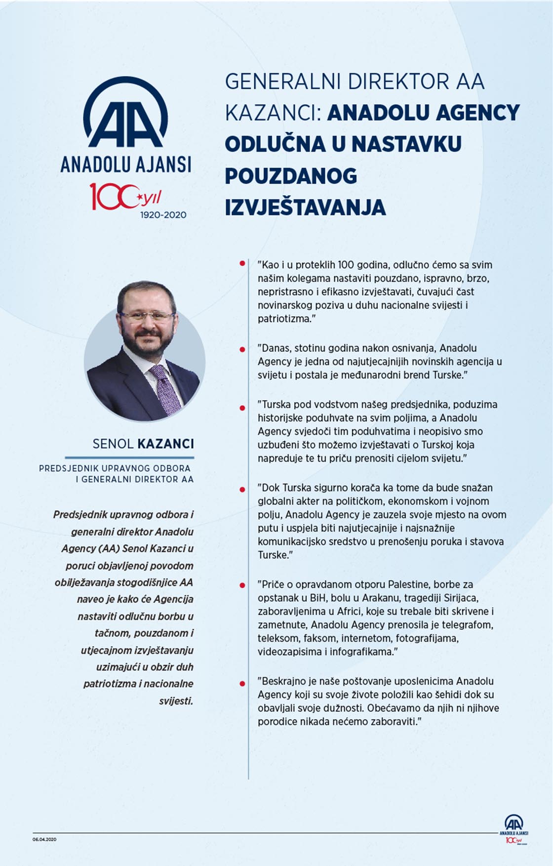Generalni direktor AA Kazanci: Anadolu Agency odlučna u nastavku pouzdanog izvještavanja