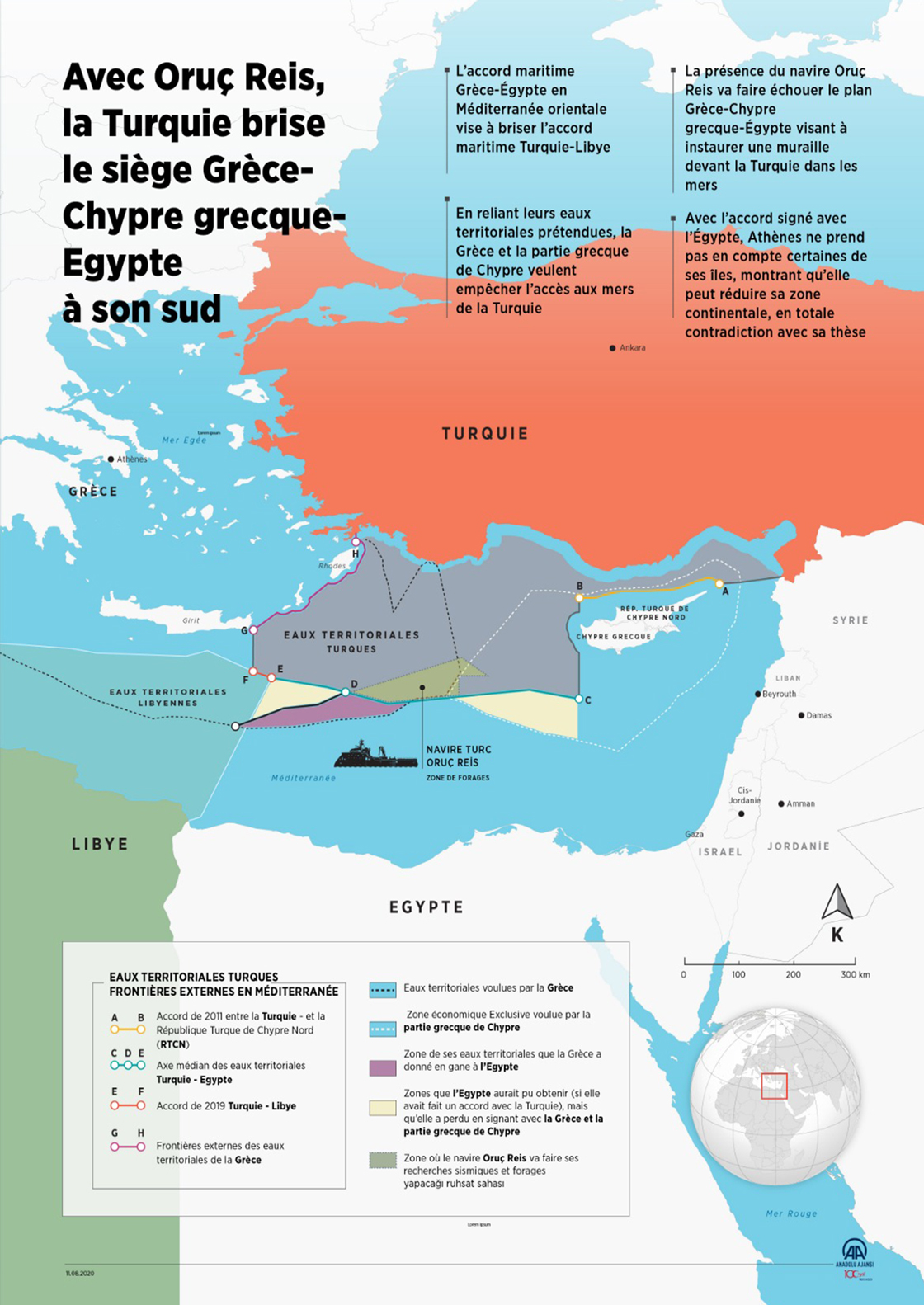 Avec le navire Oruç Reis, la Turquie brise le siège Grèce-Chypre grecque-Egypte à son sud (Infographie)