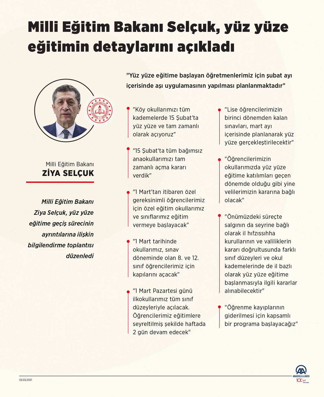 Milli Eğitim Bakanı Selçuk, yüz yüze eğitimin detaylarını açıkladı