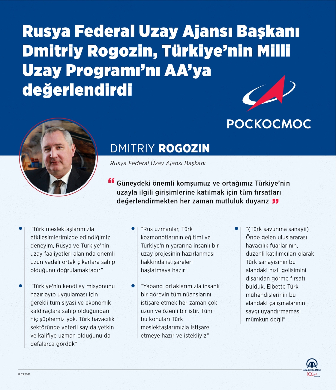 Rusya Federal Uzay Ajansı Başkanı Rogozin: "Türkiye'nin uzayla ilgili girişimlerine katılmaktan mutluluk duyarız"