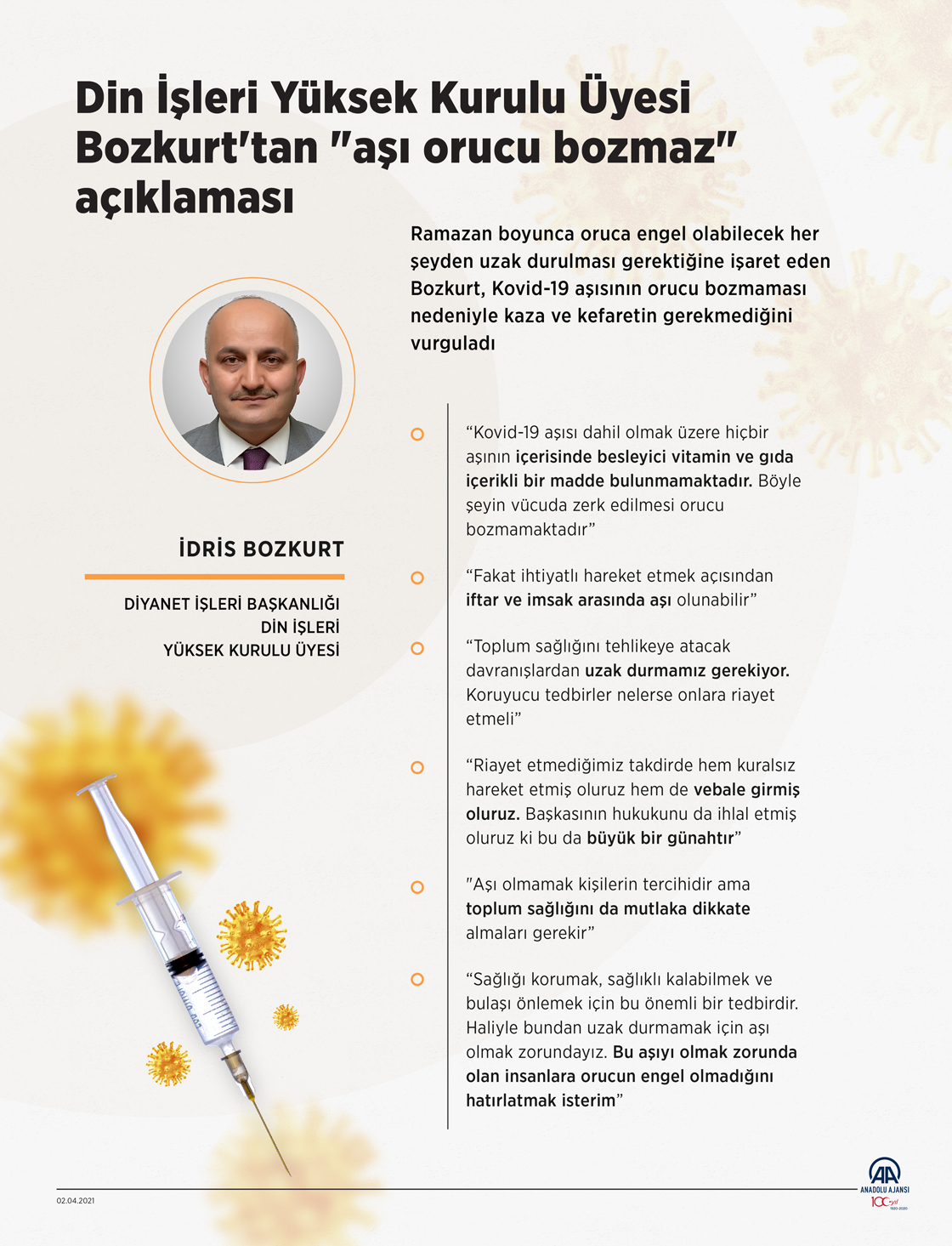 Din İşleri Yüksek Kurulu Üyesi Bozkurt'tan 'aşı orucu bozmaz' açıklaması