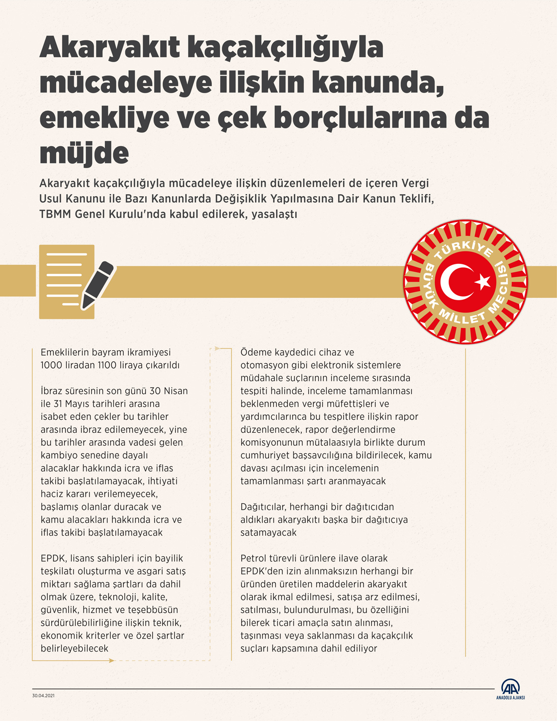 Akaryakıt kaçakçılığıyla mücadeleye ilişkin kanunda, emekliye ve çek borçlularına da müjde