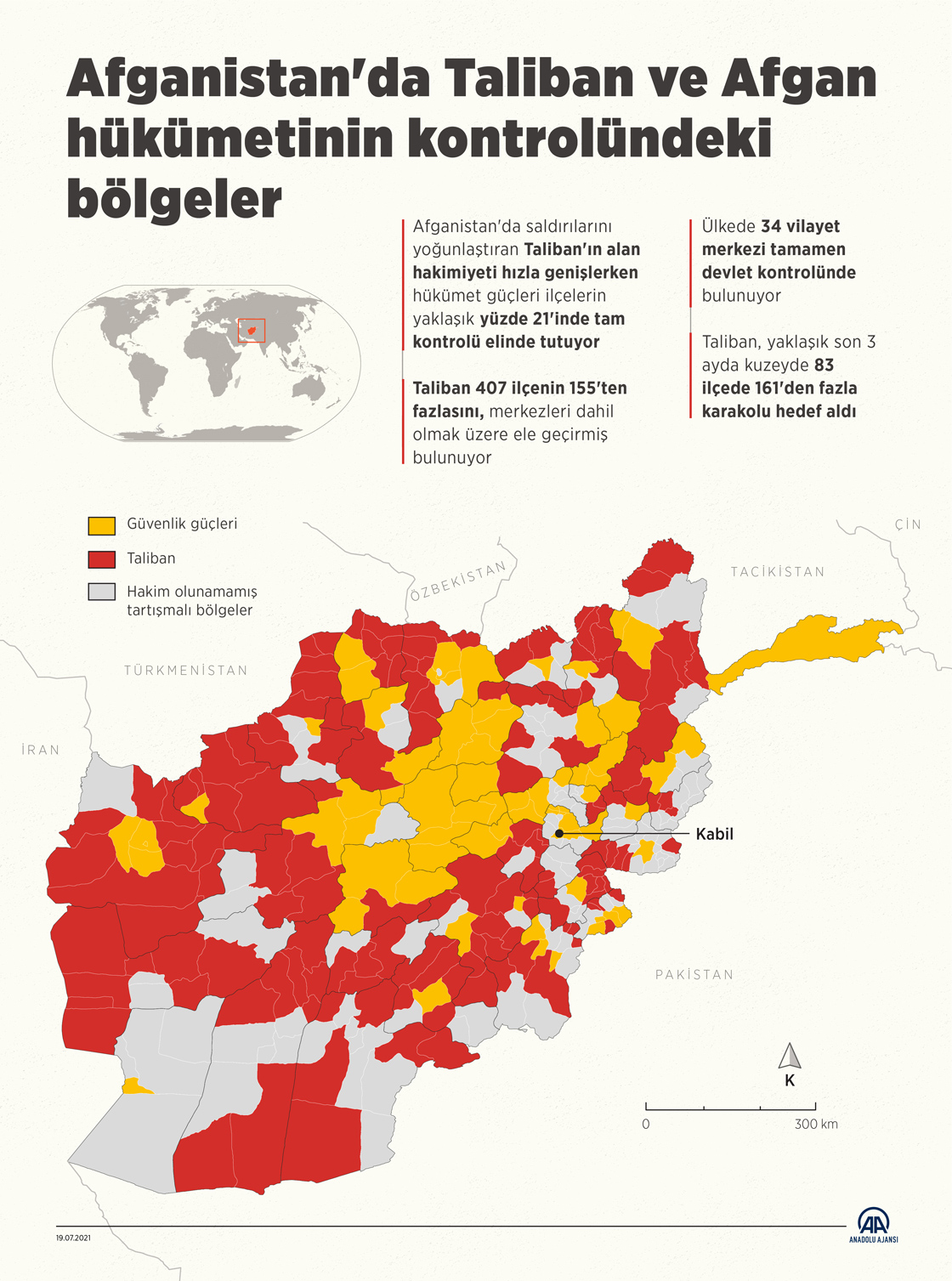 Afganistan'da Taliban ve Afgan hükümetinin kontrolündeki bölgeler