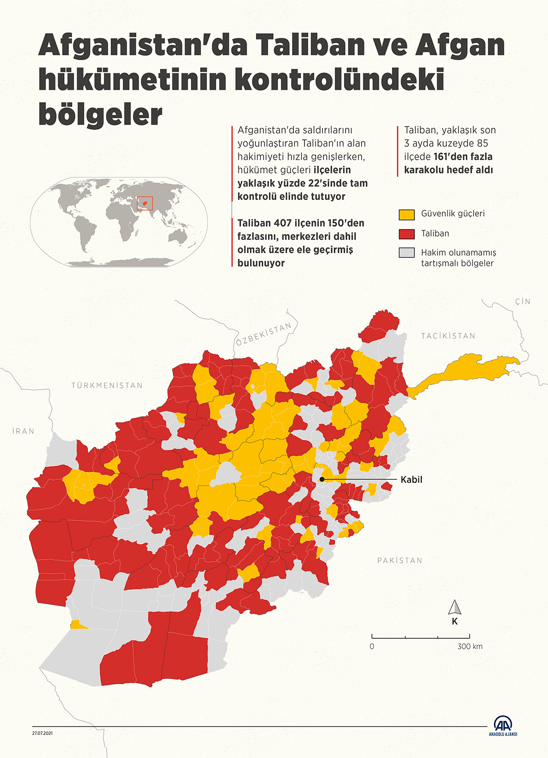 Afganistan'da Taliban ve Afgan hükümetinin kontrolündeki bölgeler