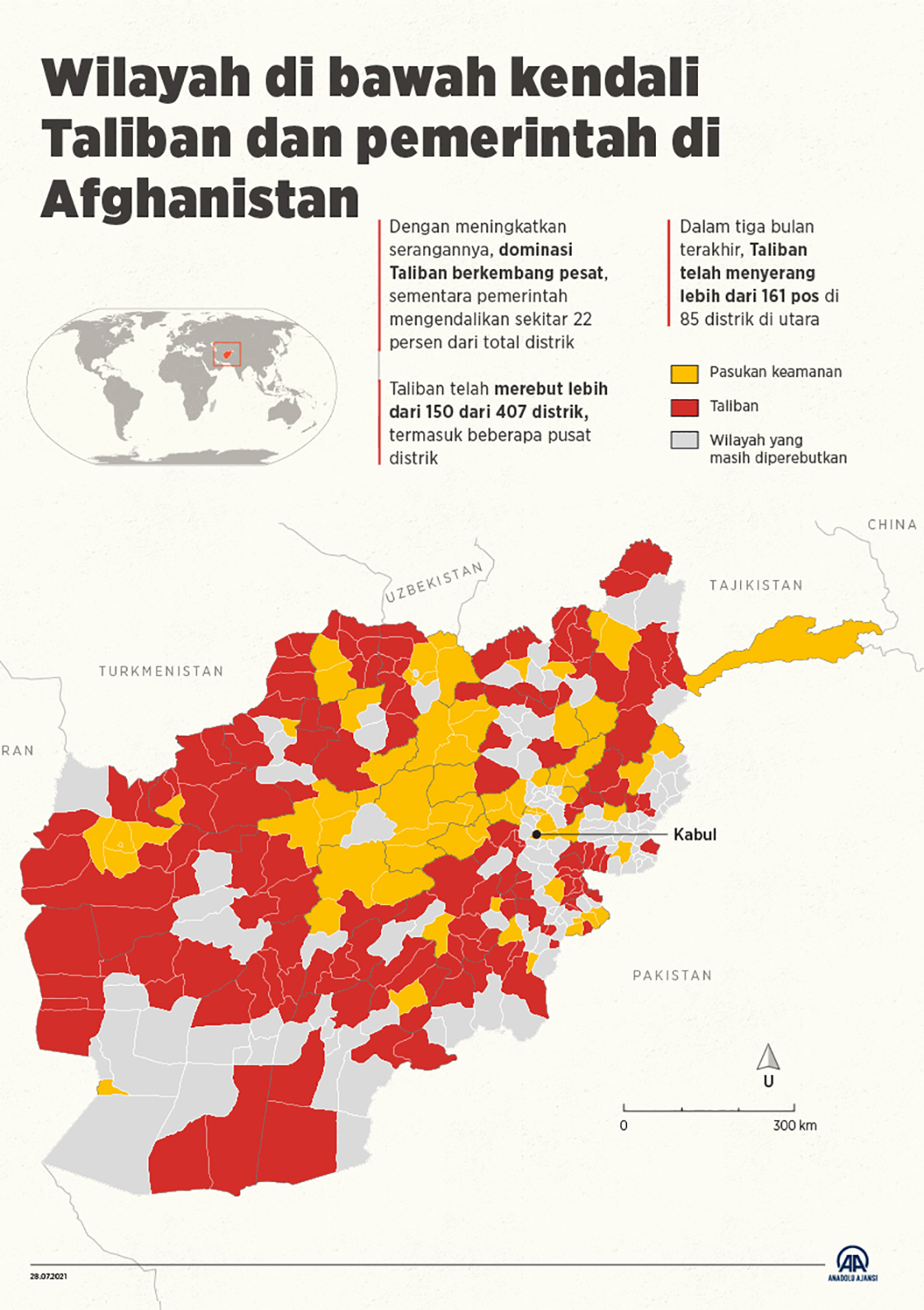 Wilayah di bawah kendali Taliban dan pemerintah di Afghanistan 