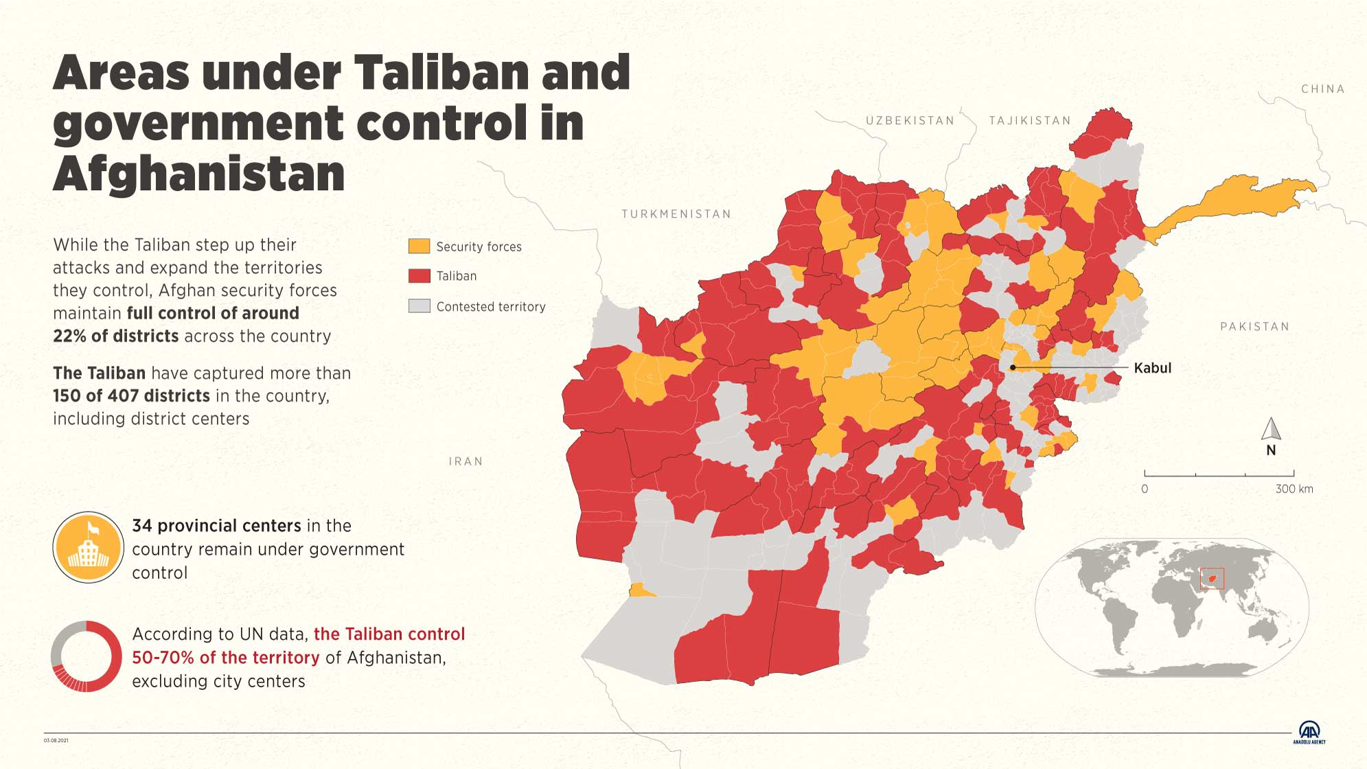 Areas under Taliban and government control in Afghanistan