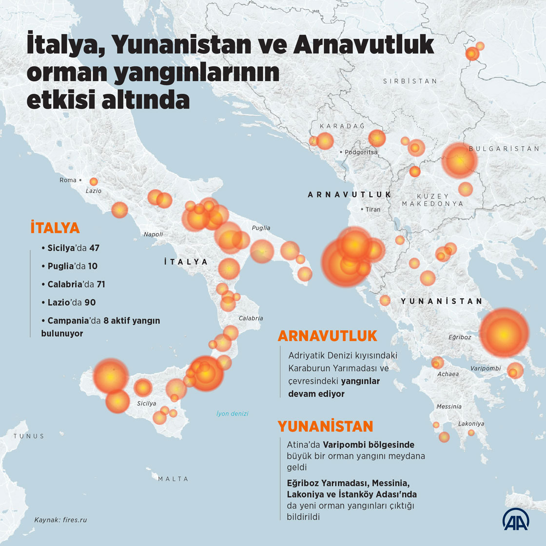  İtalya, Yunanistan ve Arnavutluk orman yangınlarının etkisi altında