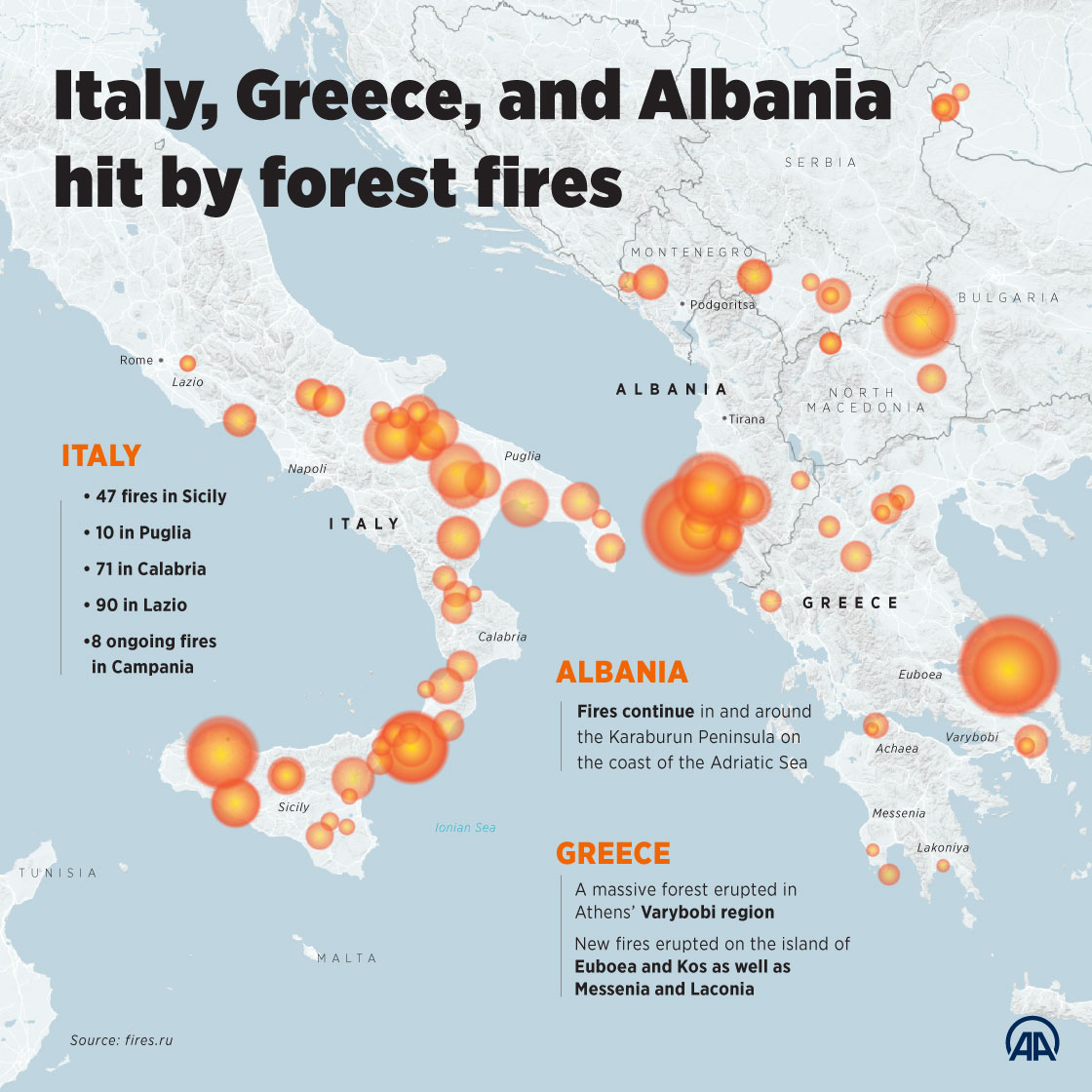 Italy, Greece, and Albania hit by forest fires 