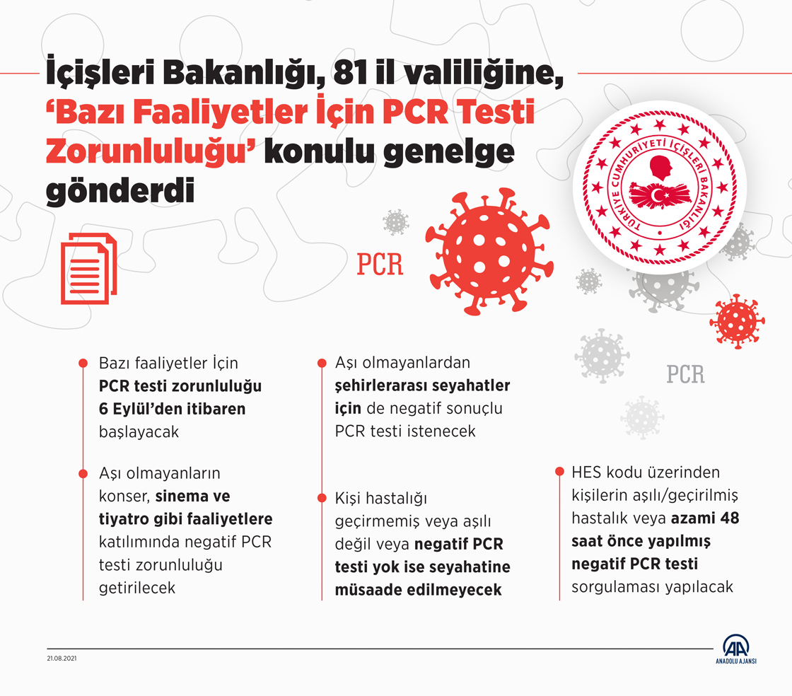 İçişleri Bakanlığı, 81 il valiliğine, ‘Bazı Faaliyetler İçin PCR Testi Zorunluluğu’ konulu genelge gönderdi
